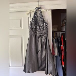 JS Boutique Silver Halter Dress with Floral Detail